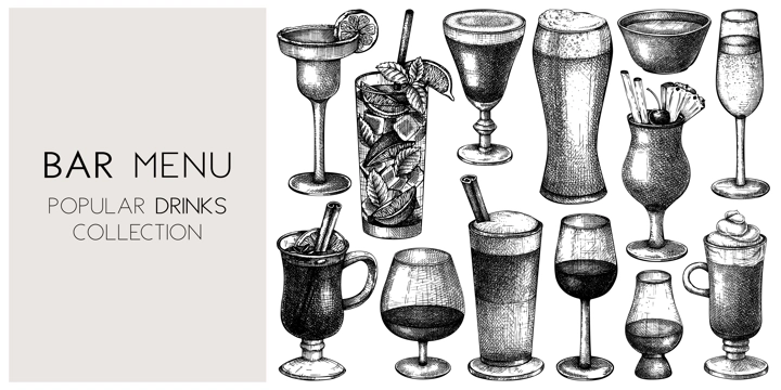 Hand-sketched drinks background. Vector banner with popular beverages in elegant glasses. Popular drinks vintage hand-drawings. Bar or restaurant menu template in sketched style.